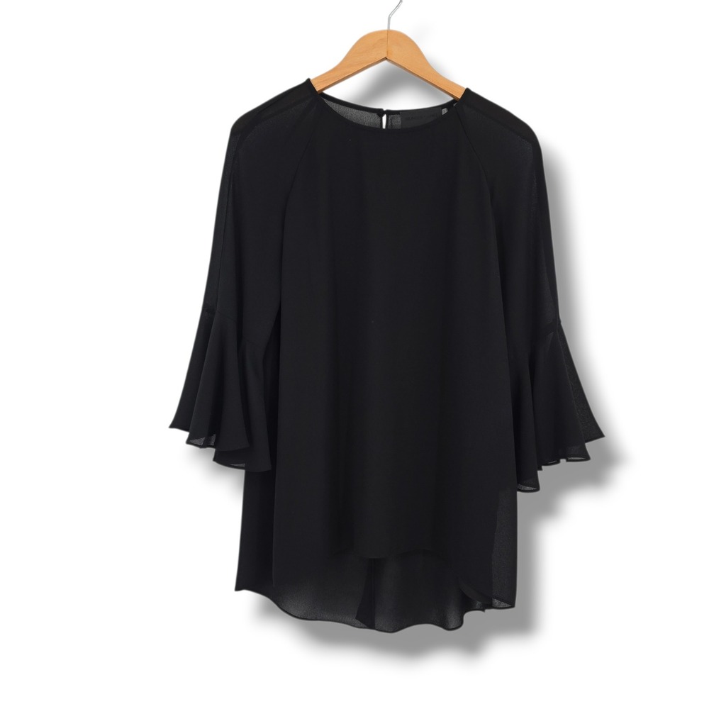 Blaque Label‎ Womens Black Chiffon Bell Sleeve High Low Split Back Blouse Size M